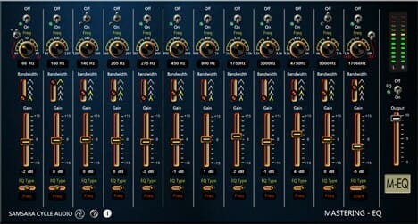 An image of an M-EQ audio mixing console.