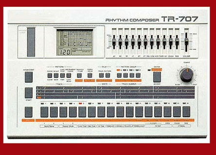 The tr-777 drum machine is shown on a red background.