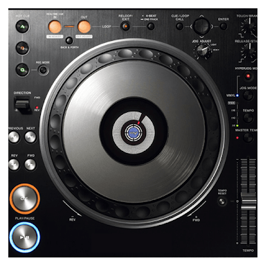 A DJ turntable with a pro mixer on a white background.
