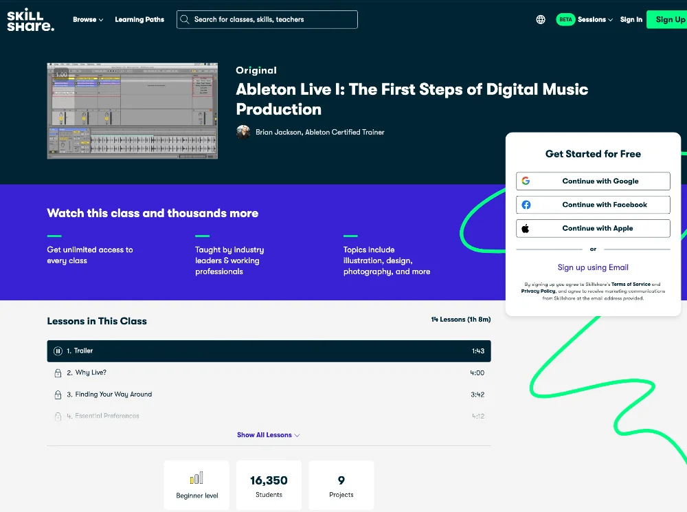 webpage of Ableton Live 1: The First Steps of Digital Music Production [Skillshare]