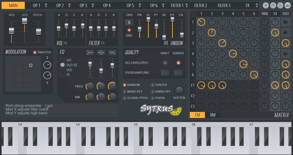 A screenshot of a Synthesizer with a keyboard featuring presets.