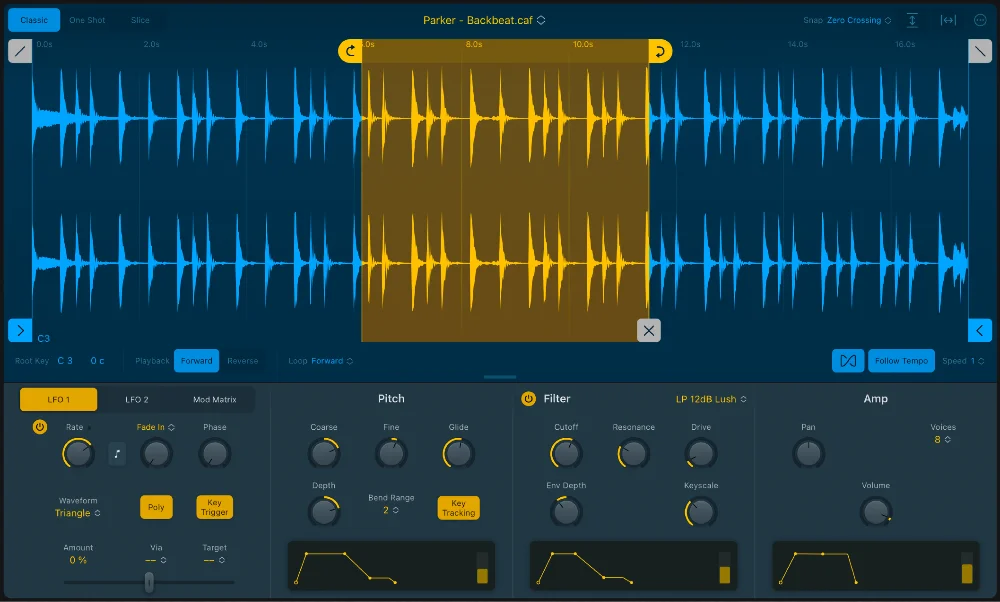 A screen shot of a sound mixer with a yellow and blue wave from a trap sample pack.