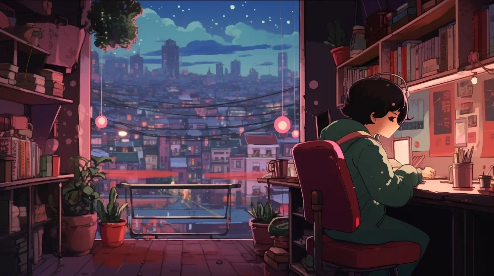 cartoon of soman studying in room with balcony showing the city at night