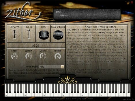 A screen shot of a fretless piano keyboard.