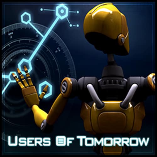 A robot designed for the users of tomorrow, sporting a vibrant yellow color and adorned with the words "users of tomorrow".