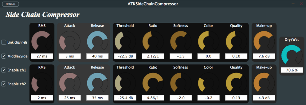 A screen showing the different colors of a synthesizer with Compressor functionality.