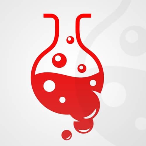 A red flask pouring out vibrant liquid.