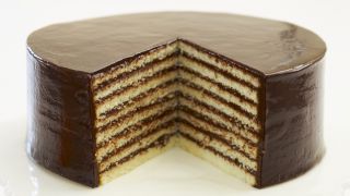 A decadent chocolate cake with a slice taken out of it and exquisite layering.