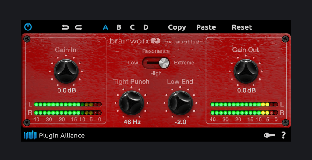 A red control panel with a bx_subfilter knob on it.