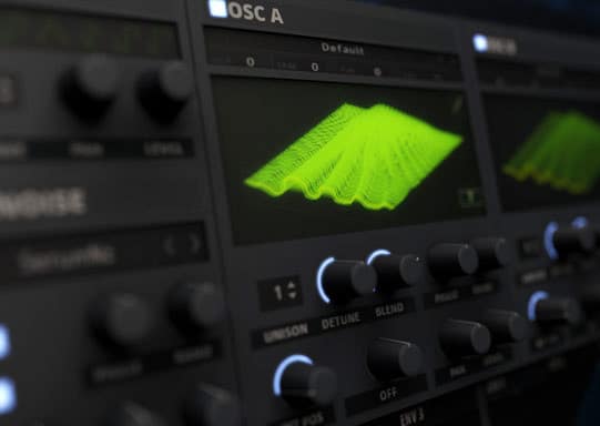 A close up of a synthesizer displaying a green screen with serum presets.