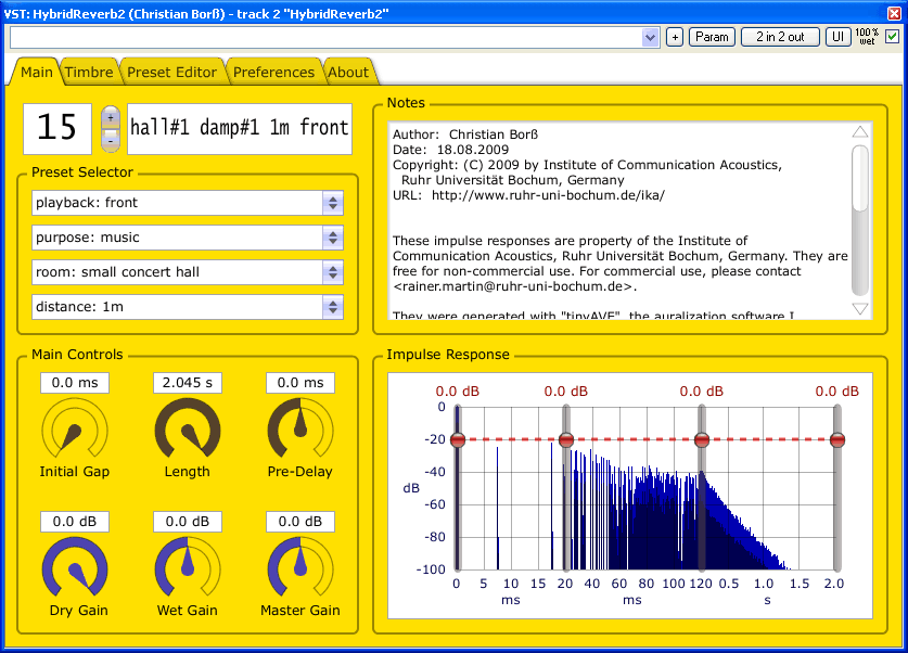 A screen shot of a computer screen with a yellow background showcasing HybridReverb2.