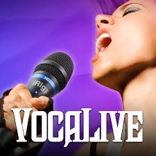 A woman singing into a microphone with the words VocaLive CS.