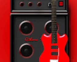 A red guitar with delay effects and amp on a red background.