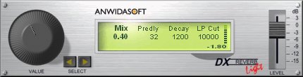 A screen shot of an audio mixer with a DX Reverb Light plugin.