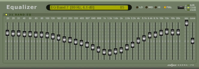 A KarmaFX equalizer is shown on a computer screen.