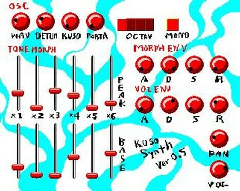 A drawing of a KusoSynth instrument with red buttons.