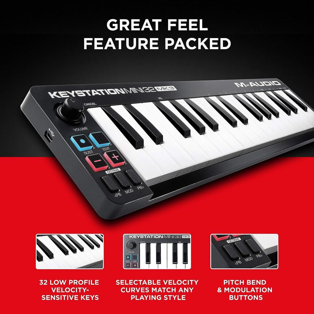 M-Audio Keystation Mini 32 MK3 - USB MIDI Keyboard Controller with 32 Velocity Sensitive Mini Keys and Recording Software Included,Black
