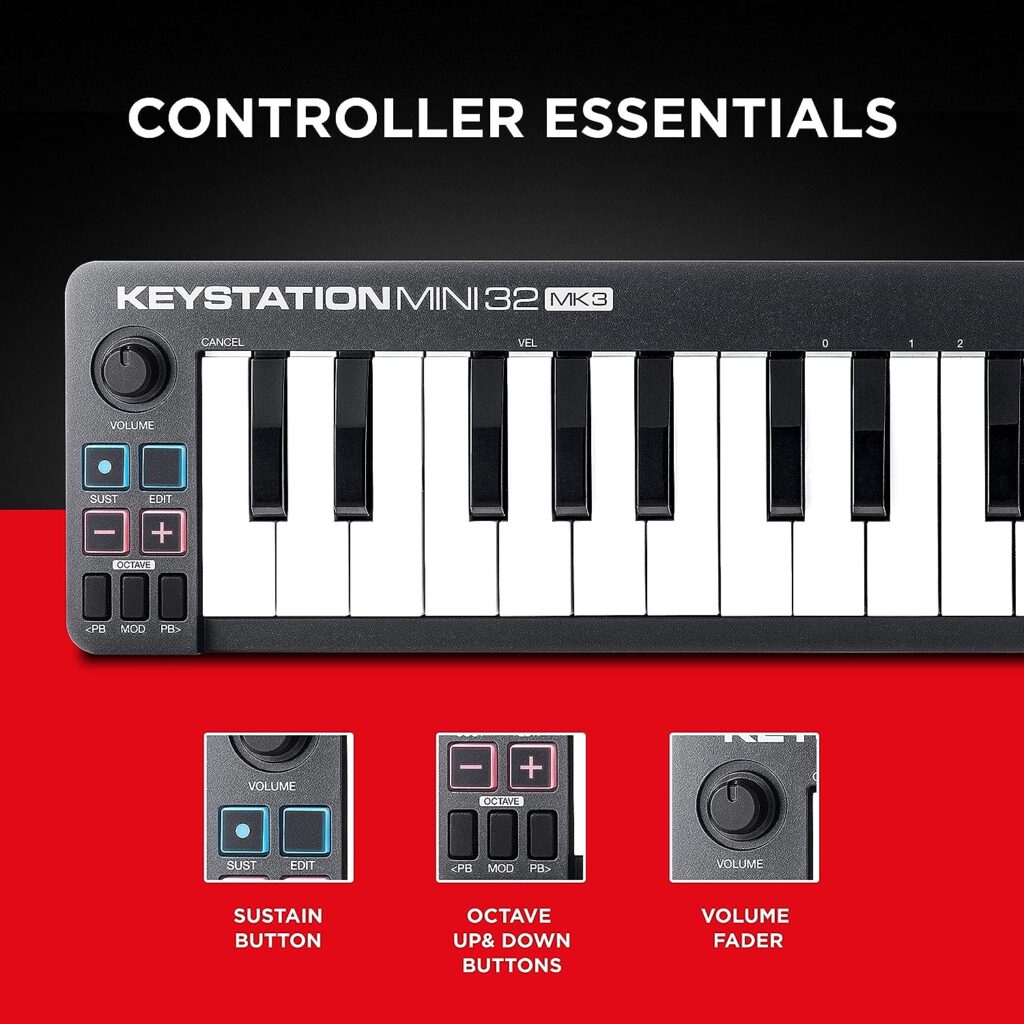 M-Audio Keystation Mini 32 MK3 - USB MIDI Keyboard Controller with 32 Velocity Sensitive Mini Keys and Recording Software Included,Black