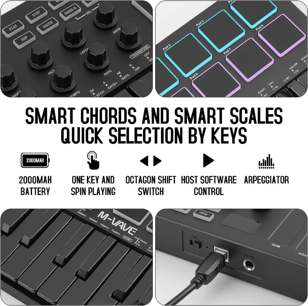 M-WAVE 25 Key USB MIDI Keyboard Controller With 8 Backlit Drum Pads, Bluetooth Semi Weighted Professional dynamic keybed 8 Knobs and Music Production,Software Included (Black)