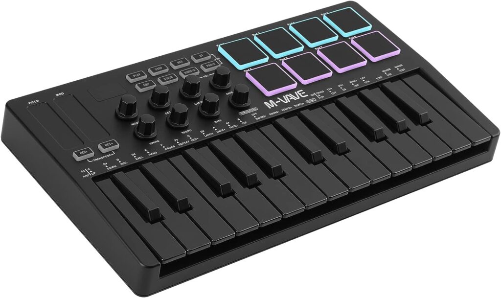 M-WAVE 25 Key USB MIDI Keyboard Controller With 8 Backlit Drum Pads, Bluetooth Semi Weighted Professional dynamic keybed 8 Knobs and Music Production,Software Included (Black)