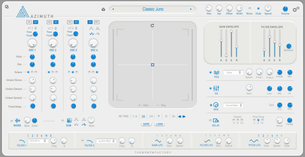A screen shot of a synthesizer from an angle view.