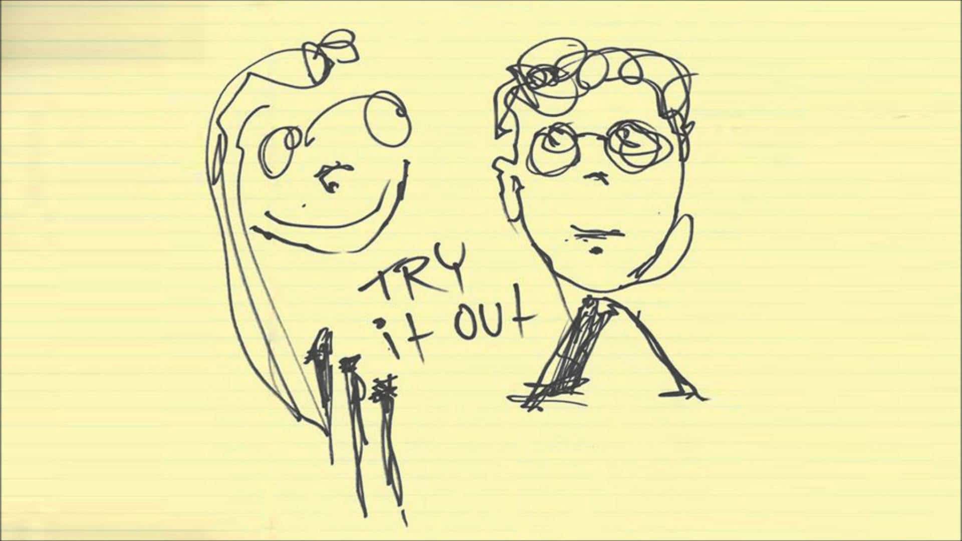 A Skrillex-inspired drawing featuring a couple with the words "Try It Out" in a bold font.