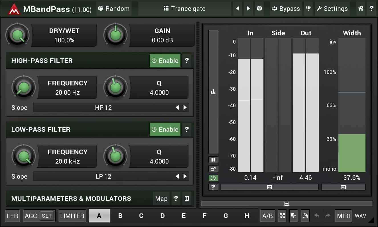 A screen shot of a mixer with MBandPass settings.