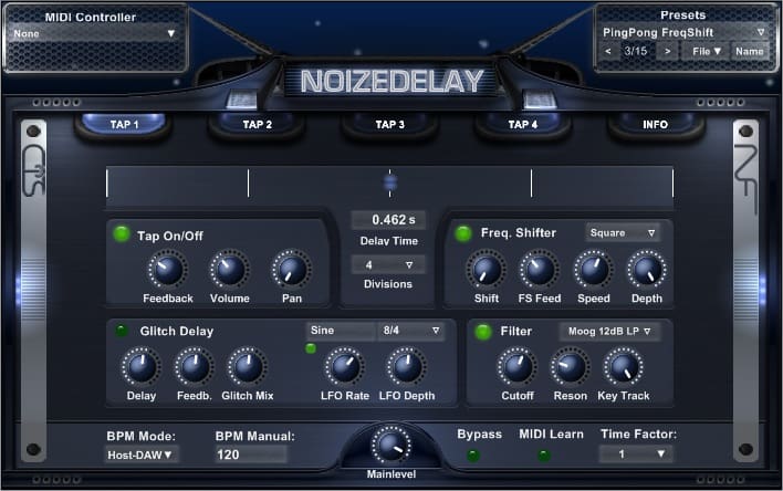 A screenshot of the NoizeDelay synthesizer, a powerful audio plugin for music production.