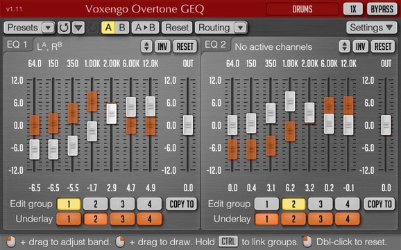 A screenshot of a computer screen showing different settings for Overtone GEQ and Voxengo.