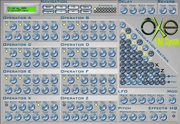 A screenshot of a computer displaying the Oxe FM Synth plugin.