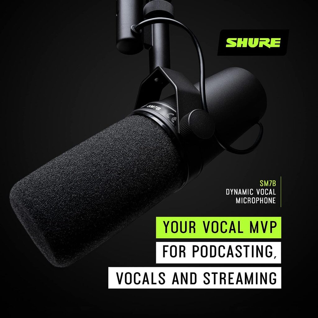 Shure SM7B Vocal Dynamic Microphone for Broadcast, Podcast  Recording, XLR Studio Mic for Music  Speech, Wide-Range Frequency, Warm  Smooth Sound, Rugged Construction, Detachable Windscreen - Black