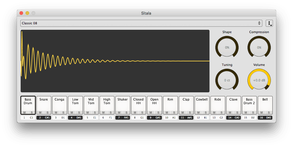 A screenshot of a computer with a Sitala drum plugin open on the screen.
