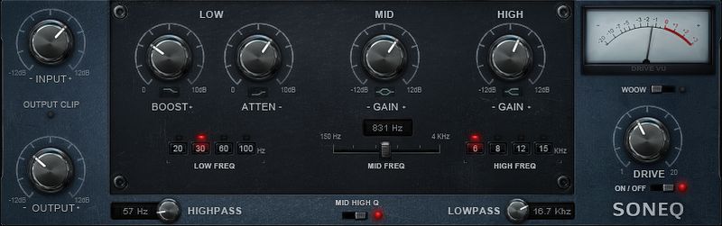 The SonEQ control panel, a powerful audio plugin for digital sound filtering.