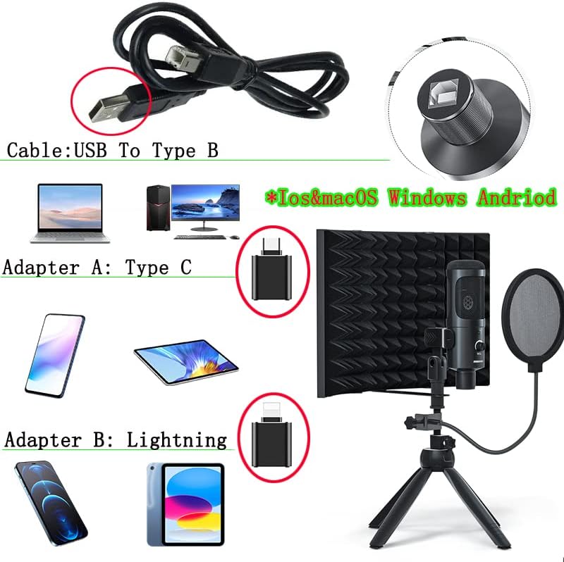 Studio Recording Microphone Isolation Shield with Pop Filter  Four-pod Stand Kit Studio USB Mic to Laptop Pc Smartphone USB Condenser Equipment