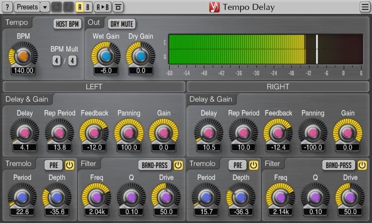 A screen shot of a synthesizer with different buttons and knobs for Tempo Delay adjustments.