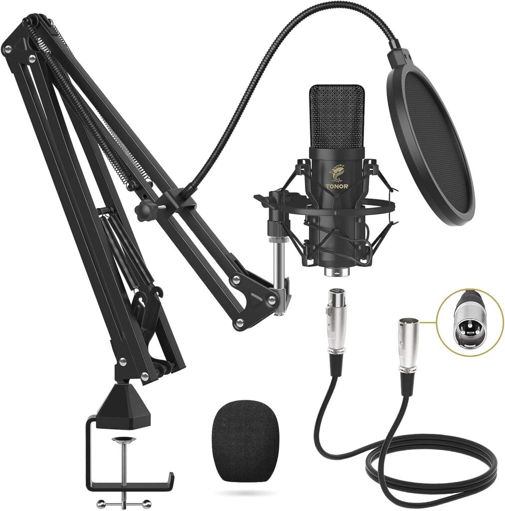 TONOR XLR Condenser Microphone, Professional Cardioid Studio Mic Kit with T20 Boom Arm, Shock Mount, Pop Filter for Recording, Podcasting, Voice Over, Streaming, Home Studio, YouTube (TC20)