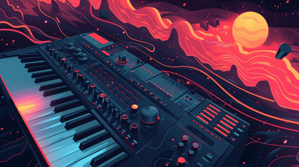 midi keyboard floating in a dream world illustration