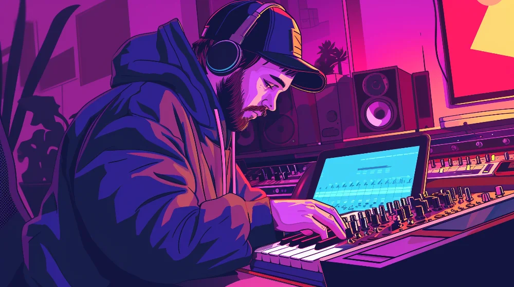 man in hoodie producing music in his studio