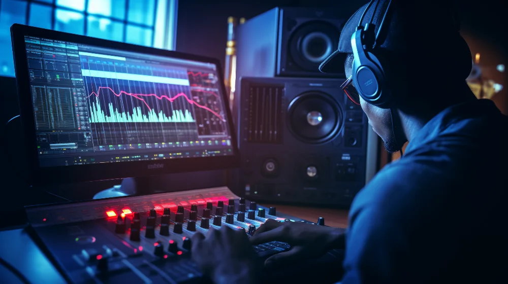 A man in headphones is working on a computer in a recording studio, using Autotune software to perfect the pitch of singers.