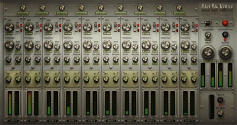 A picture of a Multiband Compressor with many knobs and buttons.