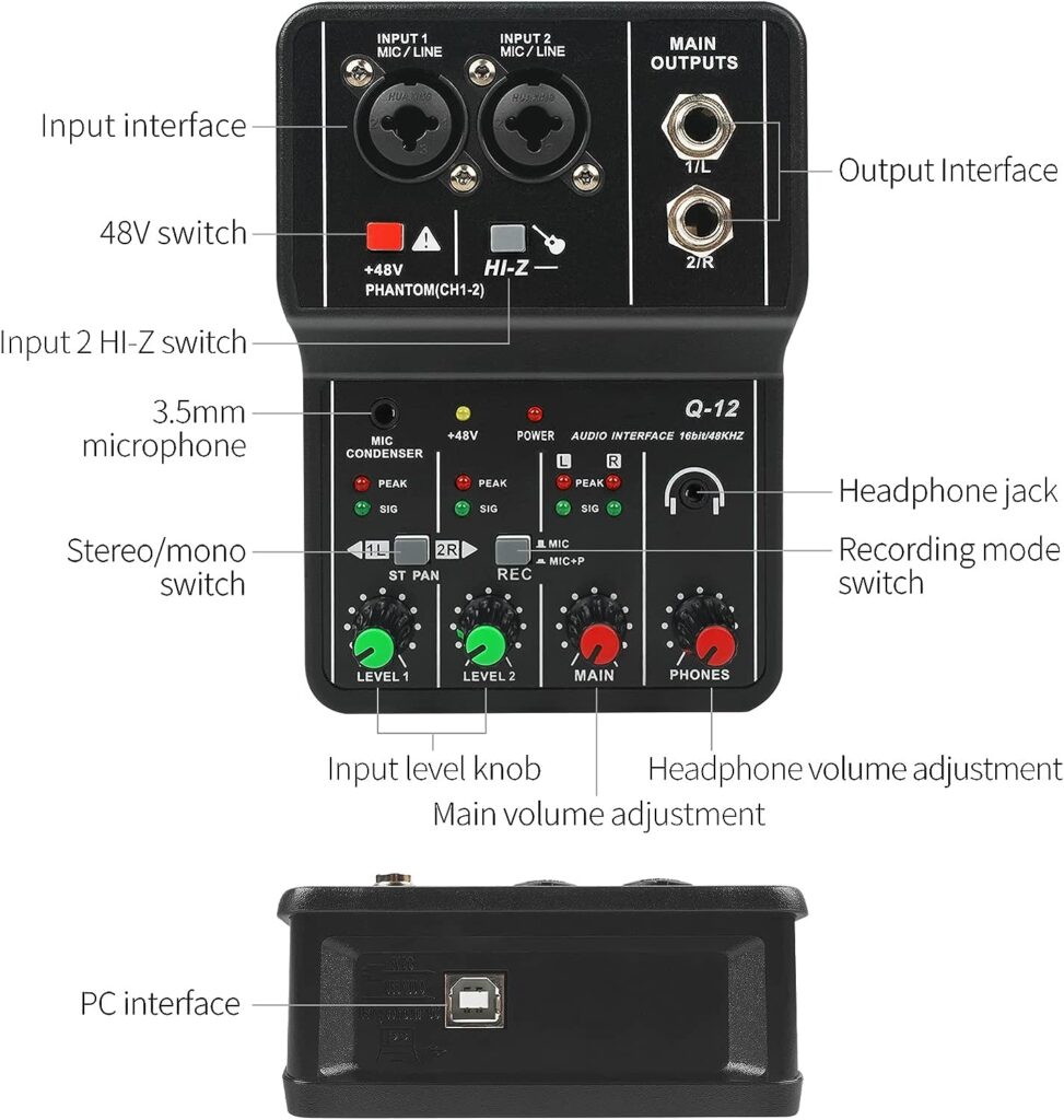 XTUGA USB Audio Interface+48V Phantom Power with 3.55m Microphone Jack,2i2 Audio Interface for Recording Podcasting and Streaming Ultra-low Latency PlugPlay Noise-Free XLR Audio Interface
