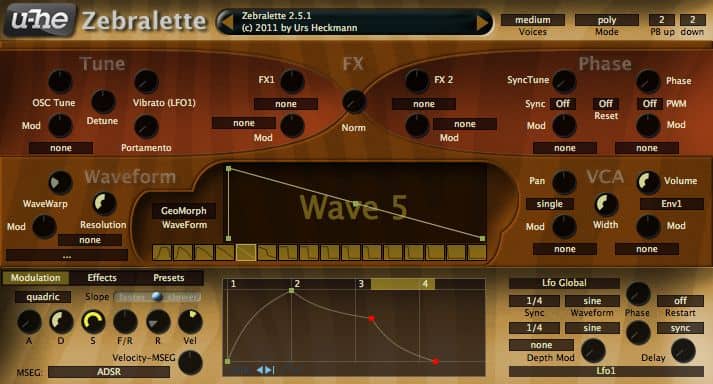 A screenshot of a Zebralette synthesizer plugin.