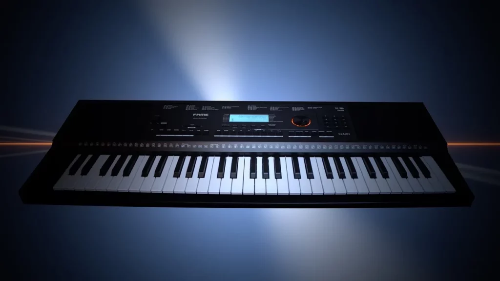 a keyboard synthesizer with a small screen on the top