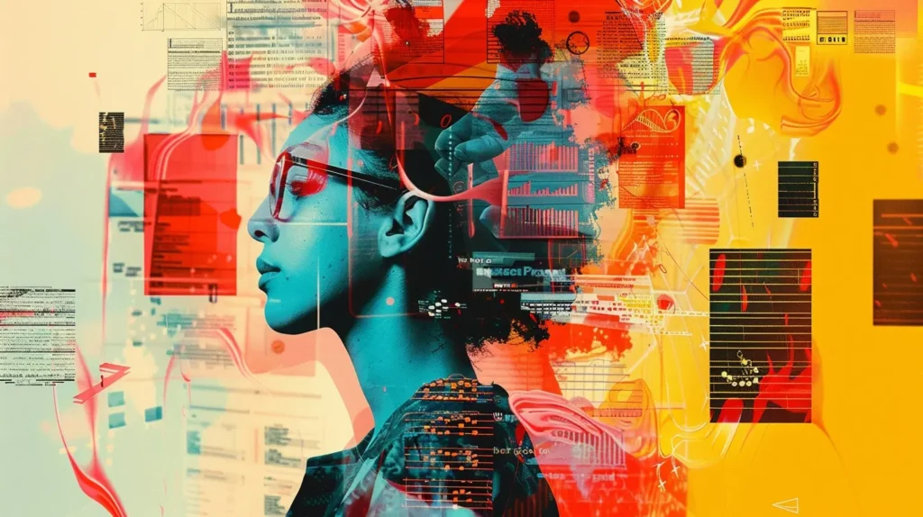 a woman with glasses and a colorful background