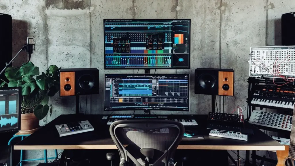 a desk with two monitors and speakers