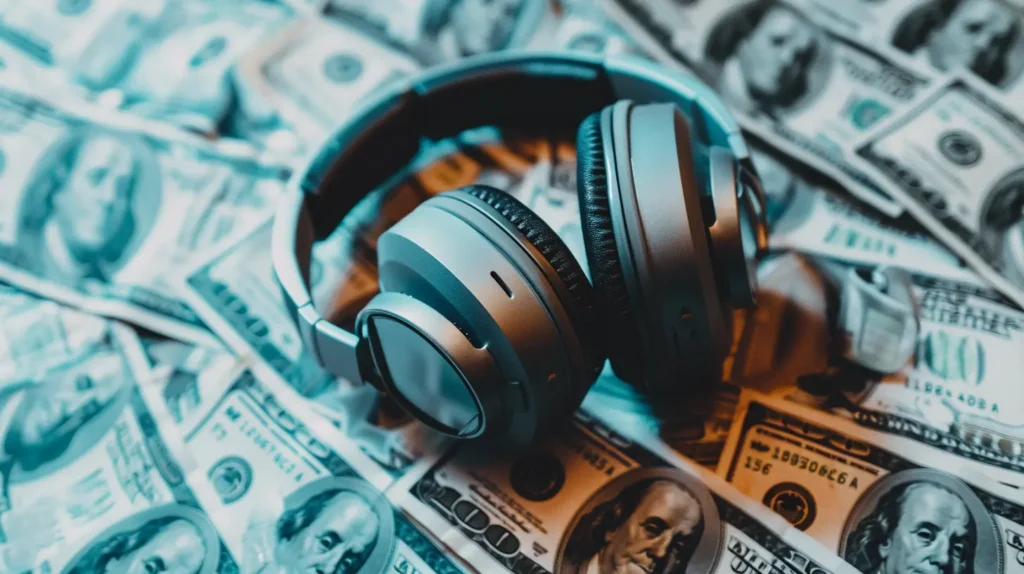 a pair of headphones on top of money