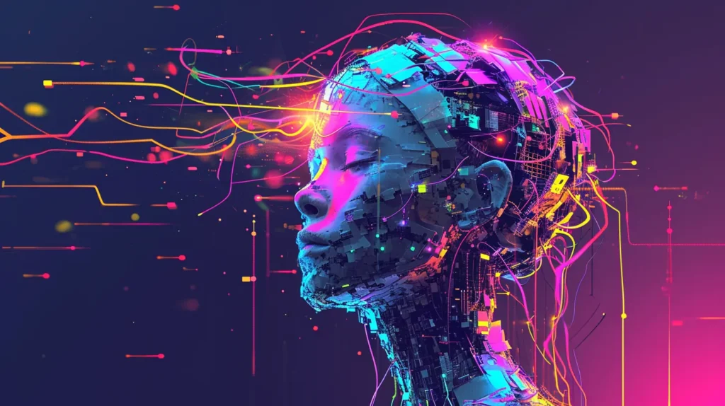 a woman with colorful wires coming out of her head