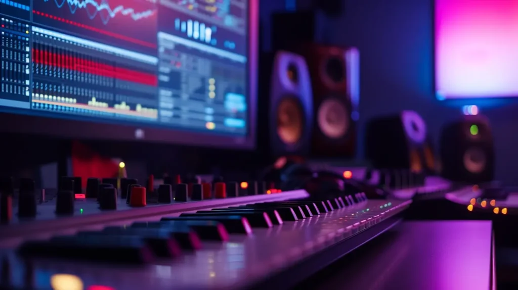 a keyboard and speakers in front of a computer