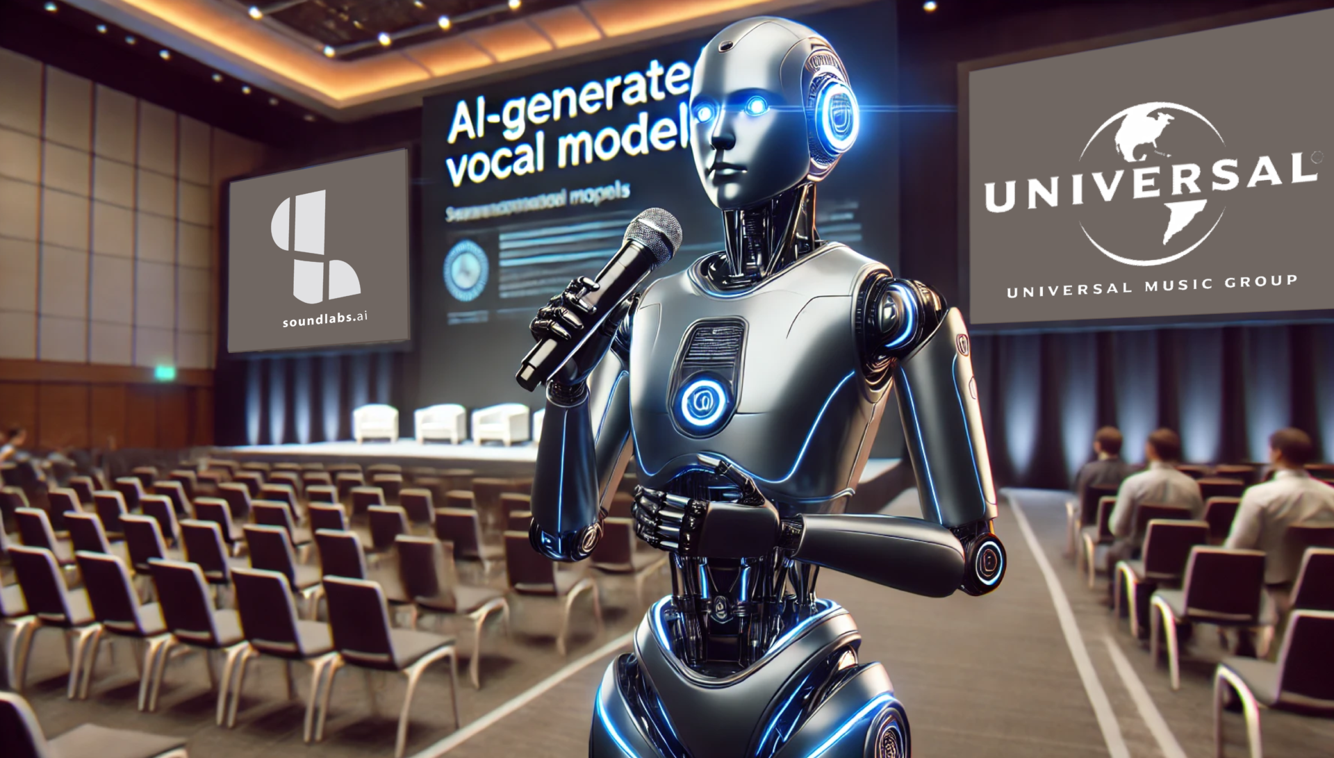 a robot holding a microphone in front suggesting AI generated vocal models