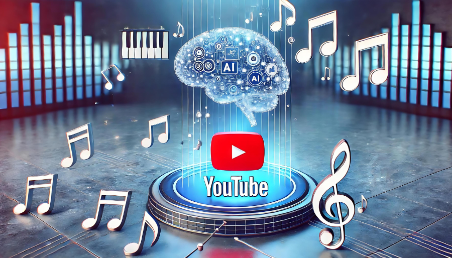 The image showcases the YouTube logo surrounded by musical notes and AI elements, such as a digital brain. The background features a sleek, modern design with sound equalizer bars, representing the intersection of AI and music in the context of YouTube's new initiative